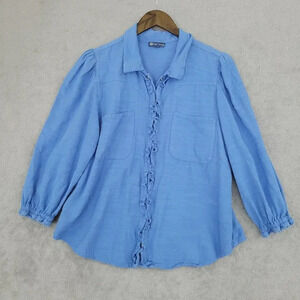 Democracy Womens Puff Sleeve Ruffle Front Button up Blouse  PL  27CT